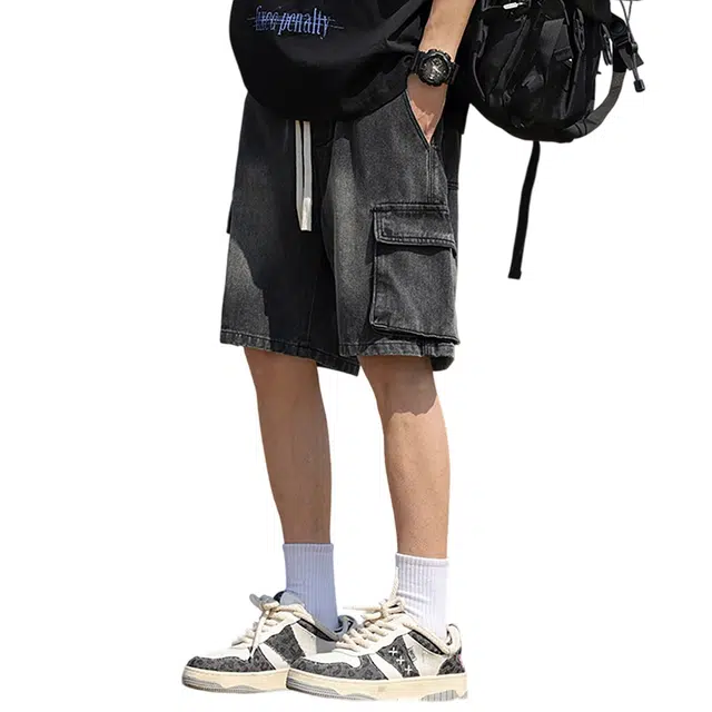 顶峰保罗 无性别主义宽松水洗做旧休闲工装裤子薄款直筒裤美式高街潮流百搭系带五分裤牛仔短裤 男女同款