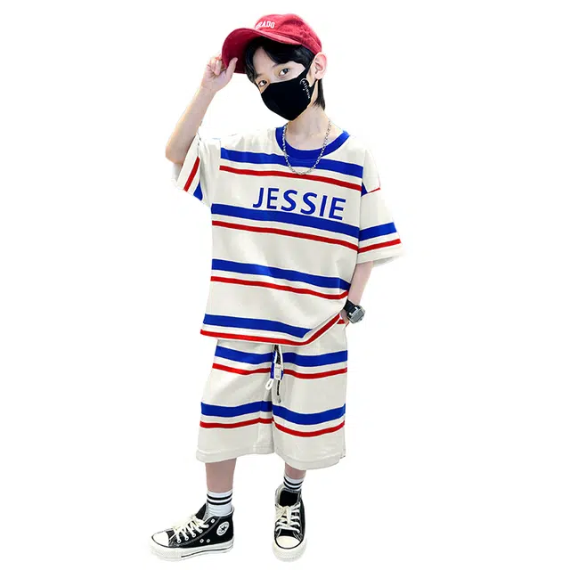 大童 棉致 圆领舒适短袖上衣柔软条纹七分裤休闲运动套装 米白色