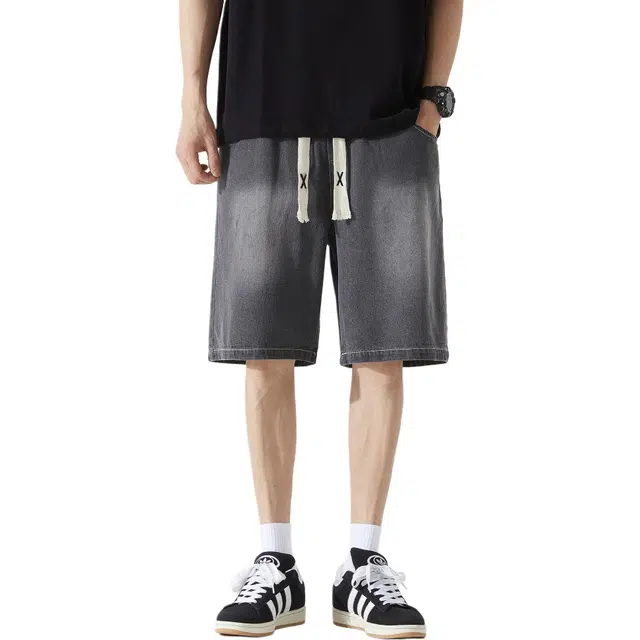 黑恐龙 美式复古水洗做旧扎染宽松舒适时尚百搭日常通勤中腰系带五分牛仔短裤 男女同款