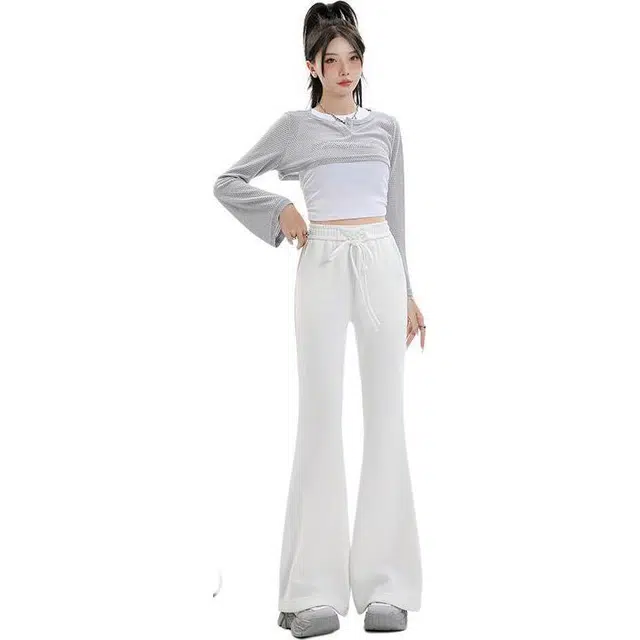 玫丝朵 时尚简约纯色高腰百搭垂感拖地微喇休闲裤 女款