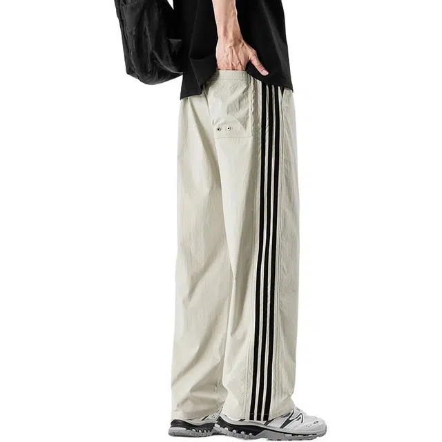 沐诚阳译 无性别条纹中腰冰丝速干垂感直筒裤时尚休闲裤 男女同款