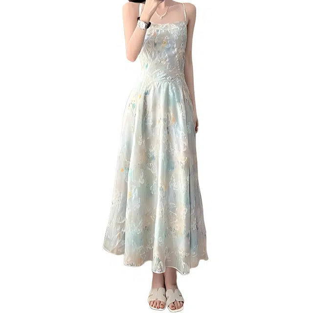 哒头下雨不愁 法式碎花夏季收腰显瘦清冷风气质法式度假长裙吊带连衣裙 女款