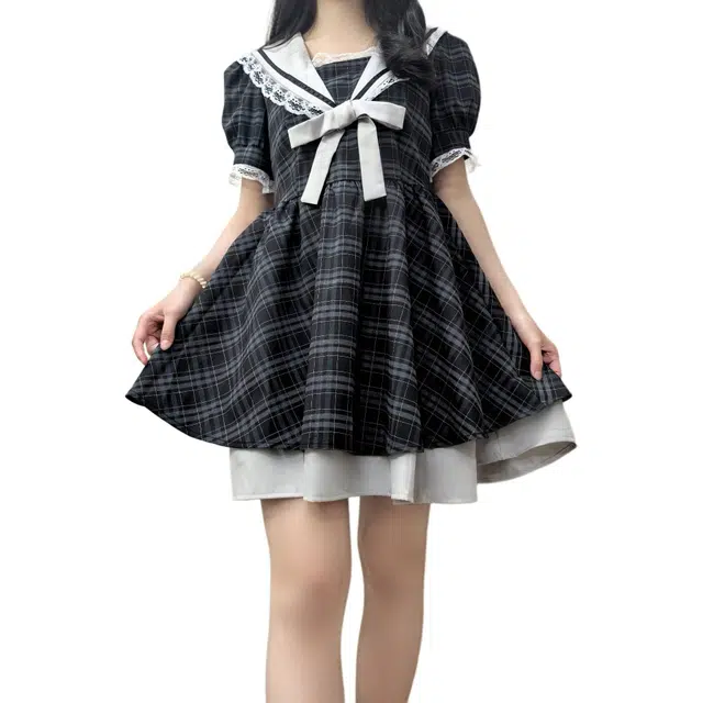 沐晓欣 海军领裙女纯欲风花边格子拼接显瘦短裙潮短袖连衣裙 女款