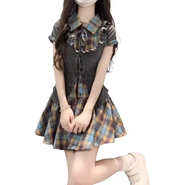 思蓓儿 法式学院风女夏季气质辣妹收腰短裙裙装套装 女款