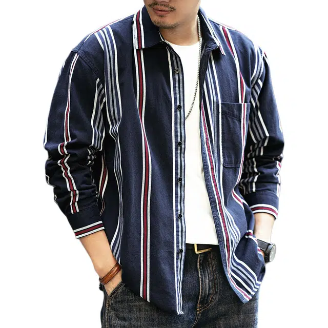 格蓝鹿 纽扣落肩城市机能条纹翻领宽松长袖衬衫 男女同款 藏青