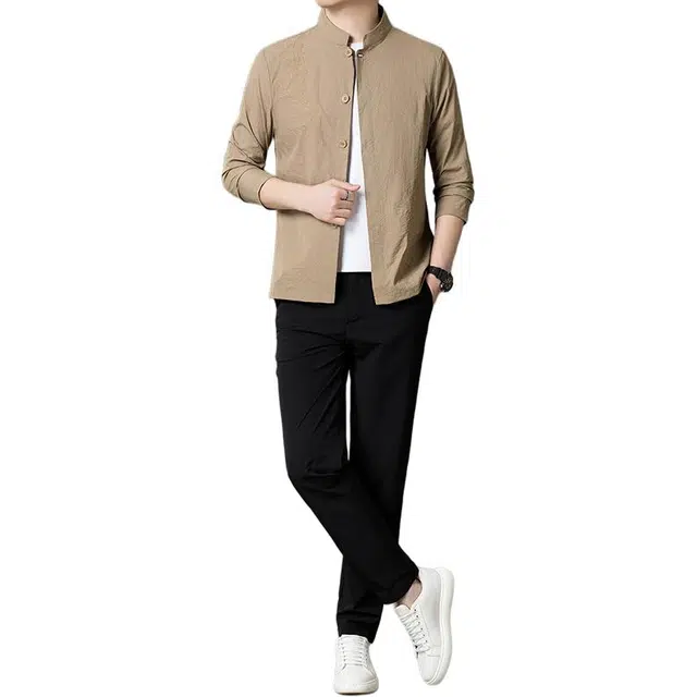 大白鲨 时尚防晒服长袖立领衬衫冰丝宽松长裤两件套户外衬衣休闲运动套装 男款