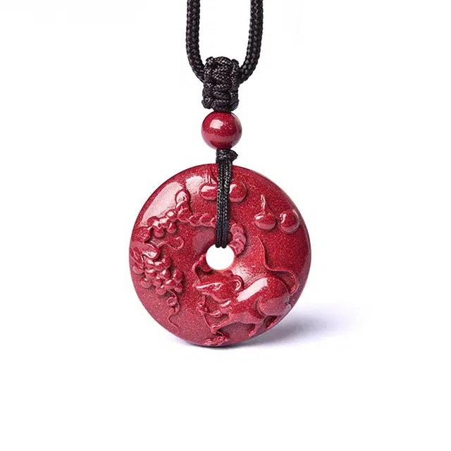 灵菲 十二生肖平安扣 国潮复古新中式 再造辰砂朱砂 玉石项链 女款 礼盒