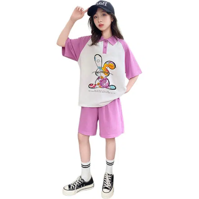 大童 蓝精灵 卡通字母拼色套头短袖上衣松紧腰百搭短裤休闲运动套装 谈紫色