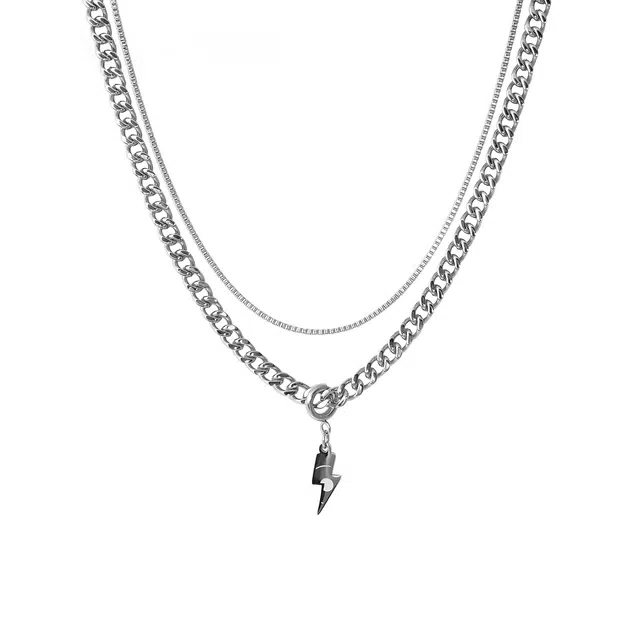 芊淑歆 双层叠戴潮牌闪电潮流双层古巴简约百搭街舞嘻哈小众设计时尚 钛钢 项链 男女同款情侣款