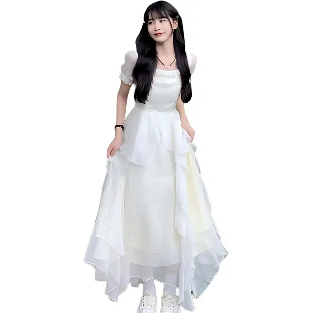 黛尔佳人 轻奢茶歇裙小众设计感方领收腰泡泡袖法式初恋温柔长裙仙女短袖连衣裙 女款