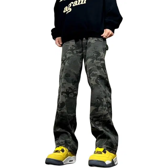 八哥 加绒可选 美式迷彩直筒宽松高腰阔腿美式高街伐木工装长裤百搭时尚户外运动修身通勤拼接扎染白墨牛仔裤 男女同款