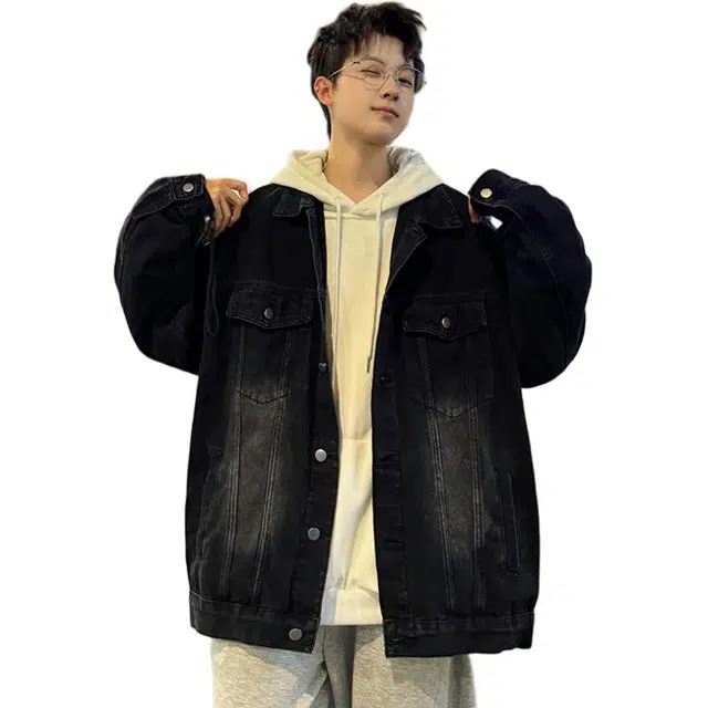 捷帕 美式潮牌复古做旧宽松上衣纯色简约百搭基础款时尚潮流韩系港风痞帅通勤休闲长袖牛仔外套 男女同款