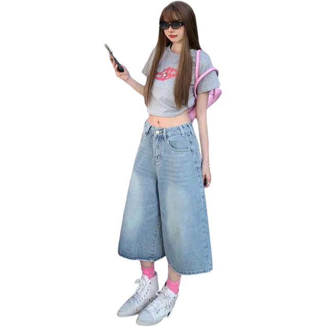 拾籍 美式街头复古高腰宽松显瘦七分阔腿裤简约百搭时尚牛仔短裤 女款