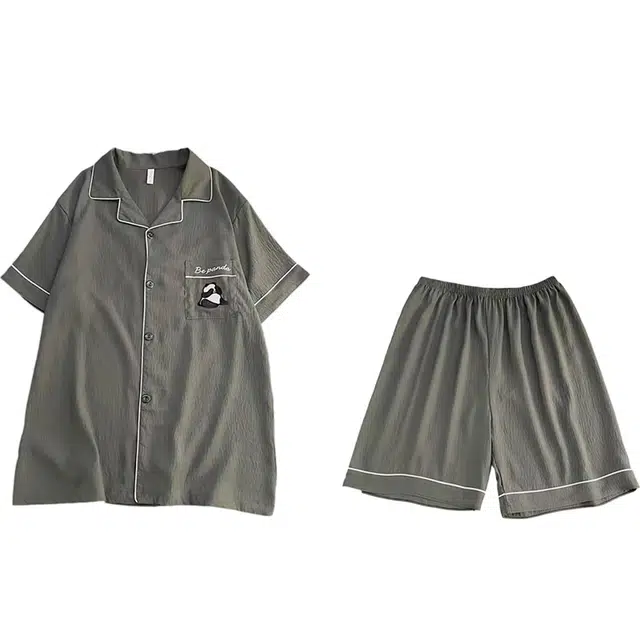 俏韵 翻领夏季熊猫云朵棉短袖简约休闲风大码家居服可外穿睡衣套装 男款