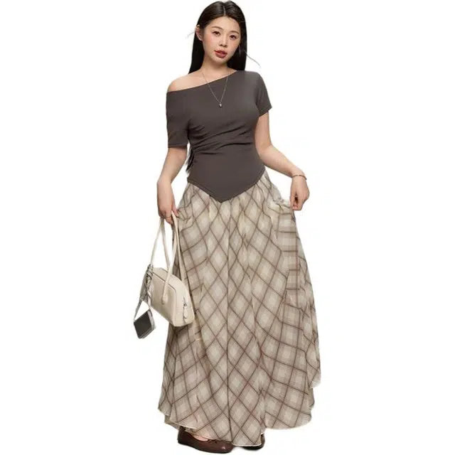 哒头下雨不愁 文艺风舒适显瘦短袖上衣格子半身裙裙装套装 女款
