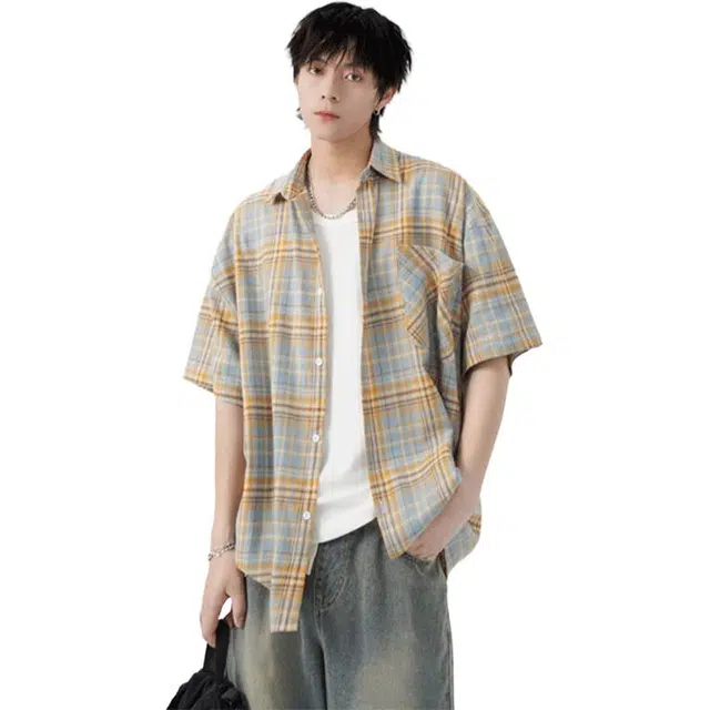 单爵 美式格纹宽松单排扣短袖衬衫 男女同款