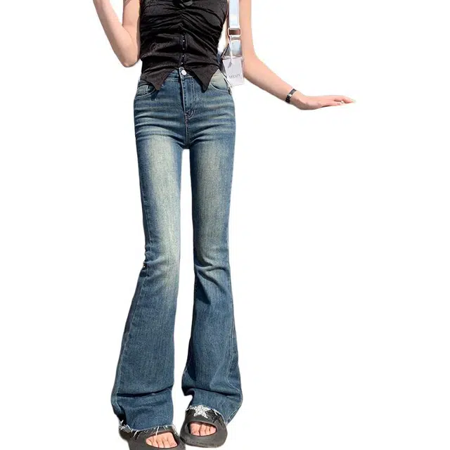 玫丝朵 美式毛边百搭垂感微喇叭裤牛仔裤 女款 复古蓝