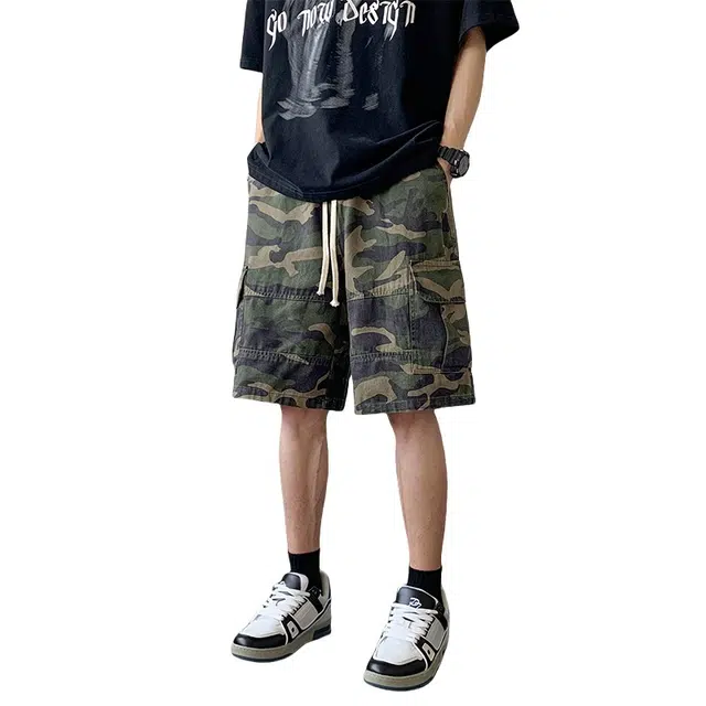 加荣 美式复古大口袋迷彩薄款透气宽松休闲五分裤高街潮流百搭工装短裤 男女同款