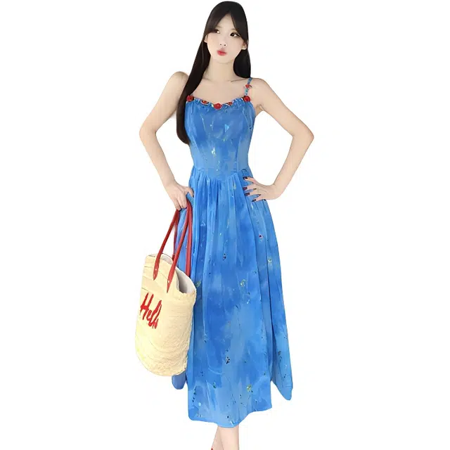 沐晓欣 温柔法式刺绣方领碎花度假风裙子收腰短袖连衣裙 女款