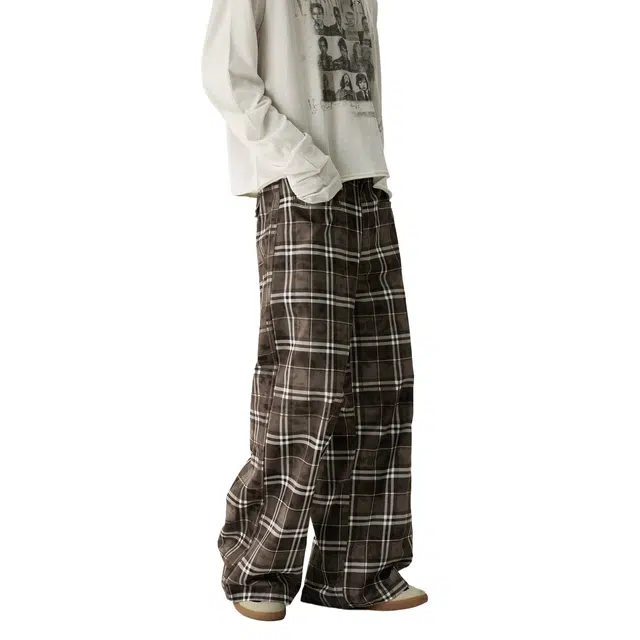 帝狼牛 方格气质阔腿裤日系美式韩版潮牌解构极简宽松创意设计感街头通勤百搭时尚清爽透气休闲裤 男女同款
