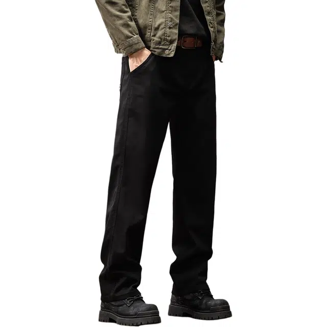 格蓝鹿 美式做旧重磅复古潮牌宽松立体水洗直筒大码垂感休闲工装裤 男女同款 黑色