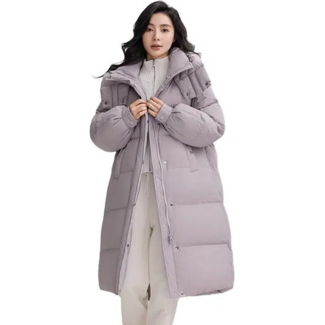 鸭鸭 纯色加厚中长款连帽拉链羽绒服 女款