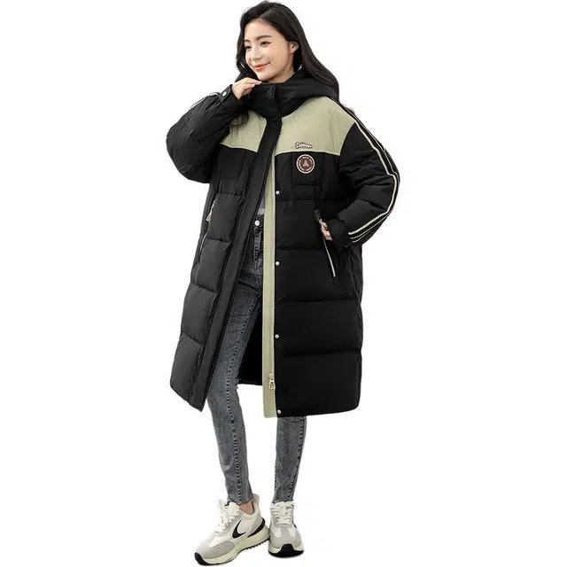 鸭鸭 拼色连帽拉链羽绒服 女款