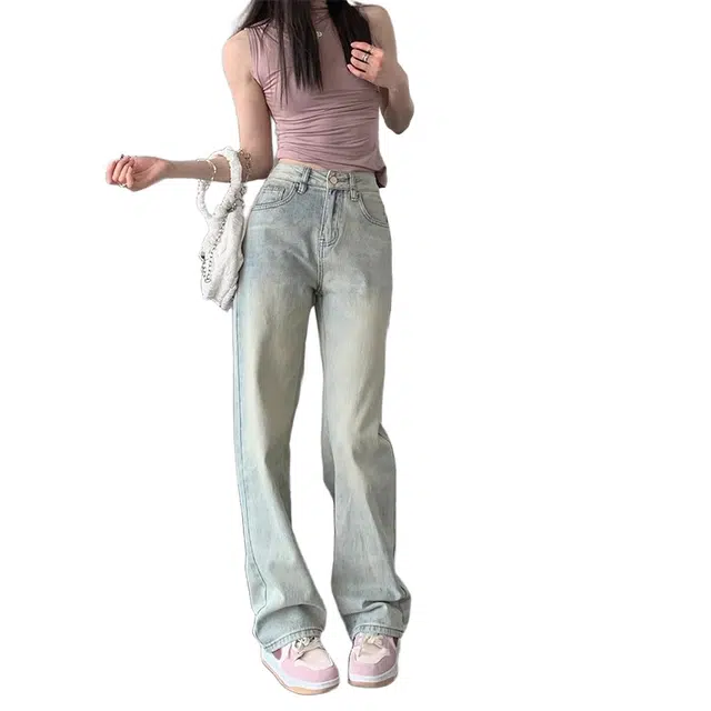 木清清 高腰宽松直筒拖地裤子牛仔裤 女款