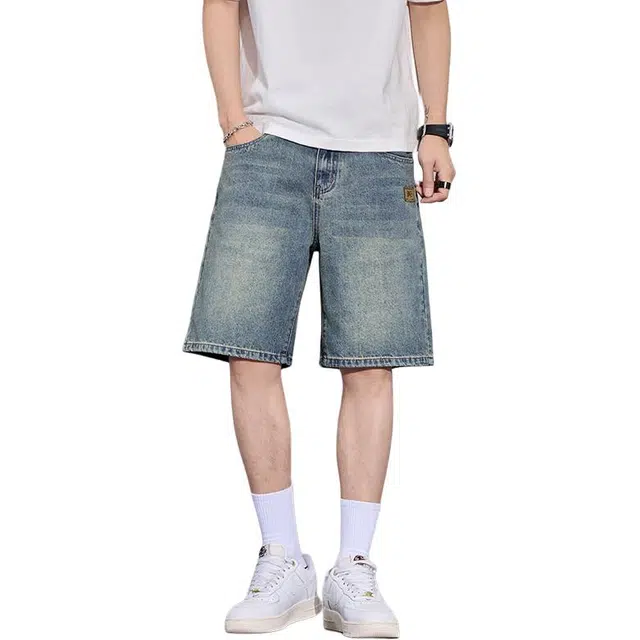 羽浅 水洗做旧直筒美式痞帅外穿中裤潮牌宽松休闲五分牛仔短裤 男女同款 怀旧蓝