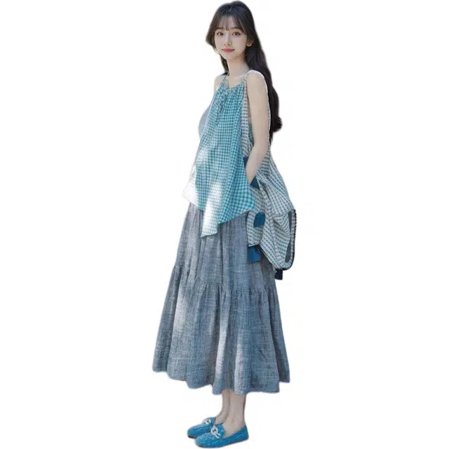 哒头下雨不愁 搭配一整套无袖复古格子抽绳吊带背心搭配高腰半身裙两件套裙装套装 女款