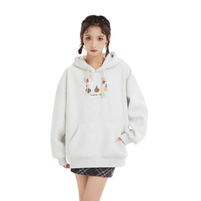 柏黛妃 美式刺绣连帽套头宽松小个子加厚加绒外套上衣卫衣 女款 花灰色