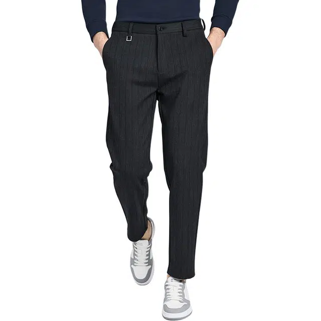 与狼共舞 时尚通勤纹理呢感纯色中腰直筒百搭休闲裤 男款 深灰