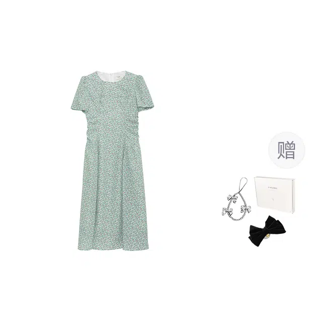 法儿家 茵草物语韩系高级感圆领清新碎花收腰短袖连衣裙 女款