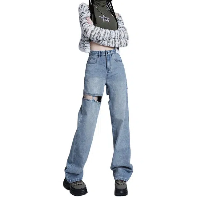 玫丝朵 简约高腰直筒破洞设计阔腿拖地牛仔裤 女款