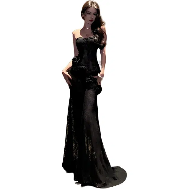 敲模女孩 纯欲风绝美氛围感立体花朵蕾丝抹胸性感修身收腰包臀鱼尾长裙生日裙无袖连衣裙 女款