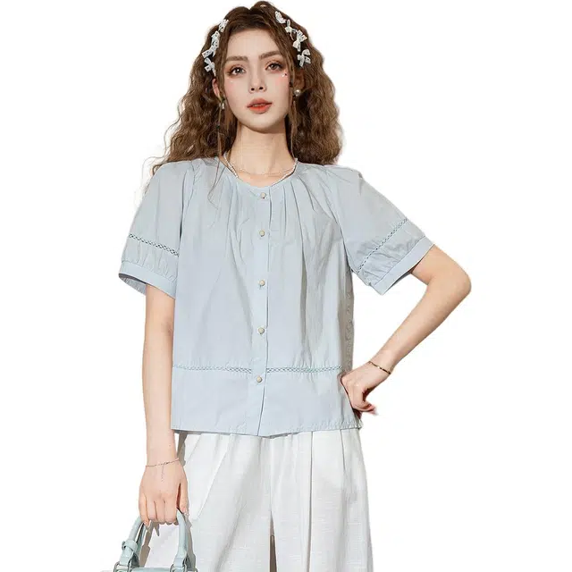 法文箱子 高级感小个子打底短袖衬衫 女款