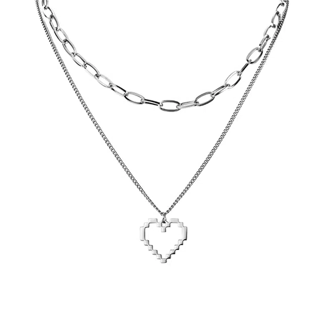 芊淑歆 像素爱心女轻奢小众精致高级吊坠叠戴锁骨链 钛钢 项链 女款