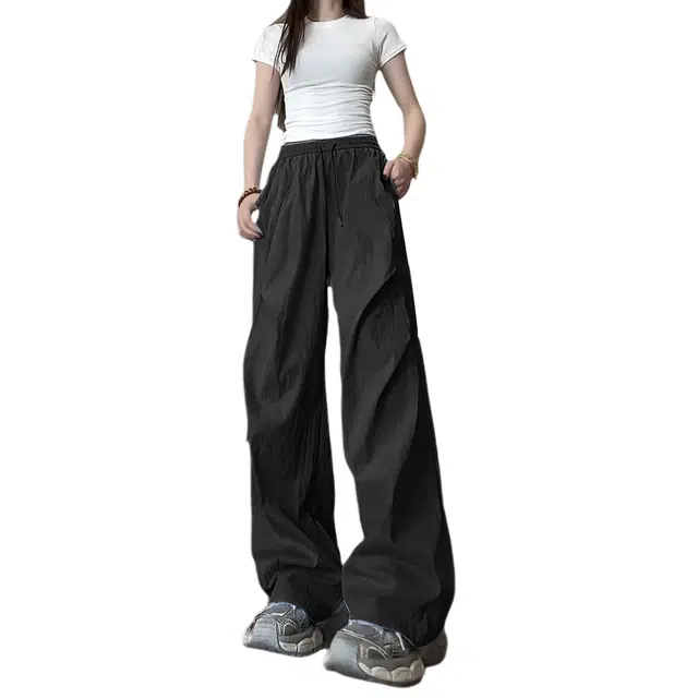 物质公式 美式褶皱亲肤冰丝凉感高街复古轻薄速干透气潮流宽松百搭户外山系机能风日常通勤学生党山本裤直筒阔腿垂感伞兵裤休闲裤 男女同款