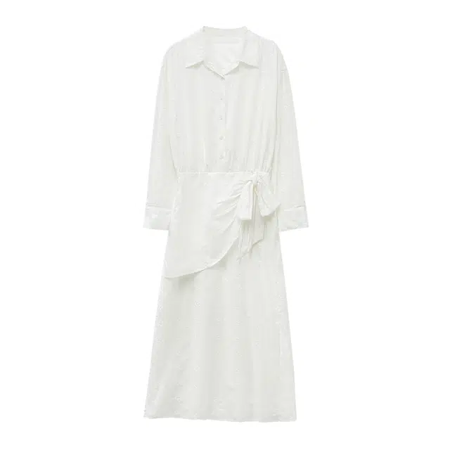 米米子 白鸽信笺蕾丝绑带修身收腰长袖连衣裙 女款