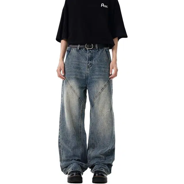 宝米卡 美式复古水洗小众设宽松直筒高级休闲牛仔裤 男女同款