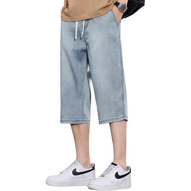 协协乐 夏季薄款凉感透气做旧水洗复古七分裤莱赛尔冰感休闲牛仔短裤 男款