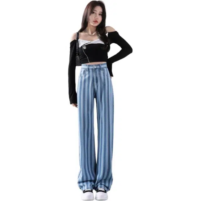 识恩 提花阔腿显瘦显高炸街宽松高腰直筒女垂感拖地裤牛仔裤 女款