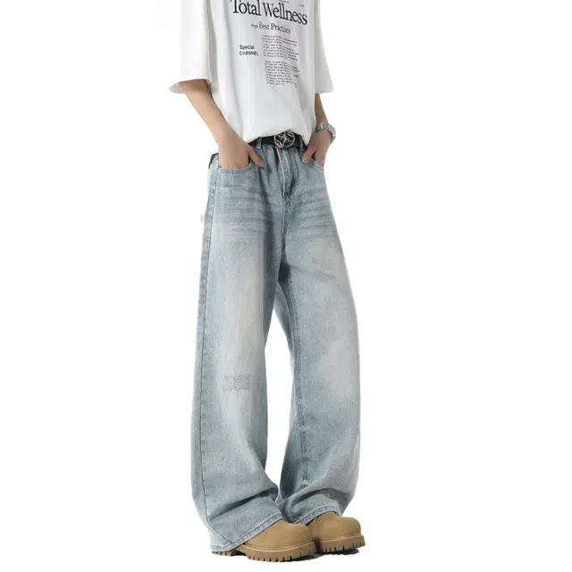 佐菲利 美式复古水洗宽松直筒牛仔裤 男女同款 蓝色