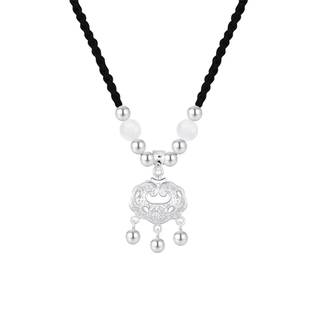 华髻 国风福字长命锁平安锁手工编织绳福字铃铛 可调节中国风新中式复古镂空设计 织物 项链 男女同款情侣款