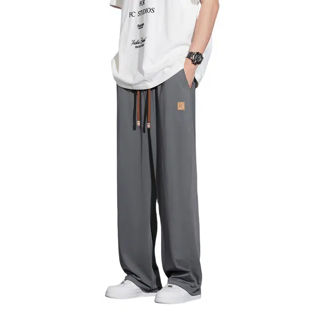 哲源 美式潮牌复古简约小众设计系带皮标冰感舒适透气宽松垂感舒适亲肤百搭直筒长裤休闲裤 男女同款