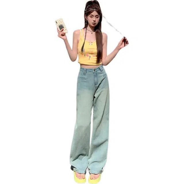 玫丝朵 美式复古星空纹口袋设计感高腰宽松直筒阔腿牛仔裤 女款 冰川蓝