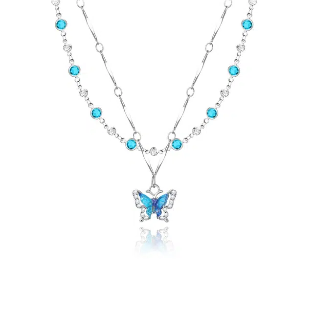 尚仟伊 薄荷曼波清冷蓝色蝴蝶双层叠戴锁骨链 轻奢镶锆小众设计优雅气质个性高级感 合金 项链 女款