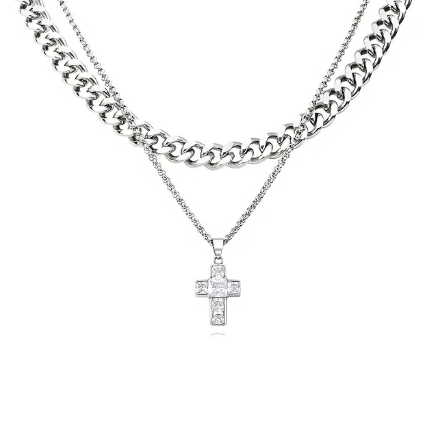 暖瞳 小众镶钻古巴十字架叠戴设计感嘻哈配饰 钛钢 项链 男女同款情侣款