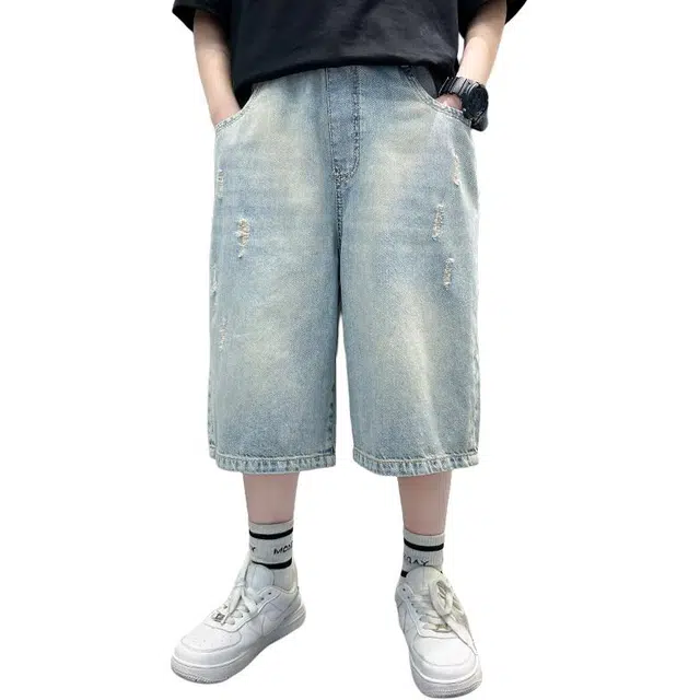 棉致 简约水洗百搭透气舒适休闲七分牛仔裤 大童 蓝色