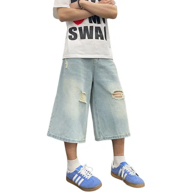 黑马漫画 设计感潮牌痞帅工装裤水洗复古七分裤子牛仔短裤 男女同款